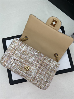 Cha.nel Mini Classic Flap Bag Tweed Gold Tone Metal Beige A01116