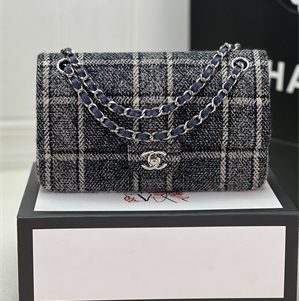 Cha.nel Medium Classic Flap Bag Tweed Silver Tone Metal Navy A01112