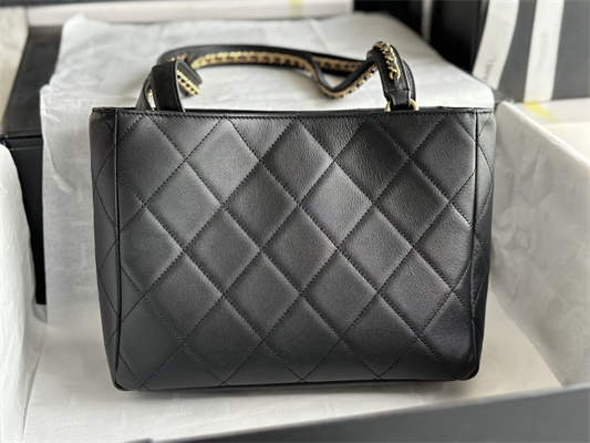 Cha.nel Shopping Bag Smooth Calfskin Gold Tone Metal Black AS3508