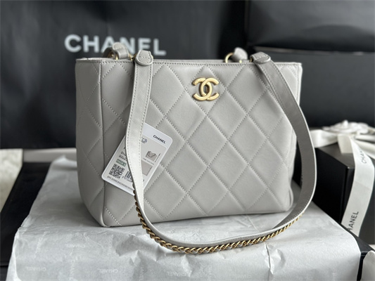 Cha.nel Shopping Bag Smooth Calfskin Gold Tone Metal Grey AS3508
