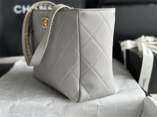 Cha.nel Shopping Bag Smooth Calfskin Gold Tone Metal Grey AS3508