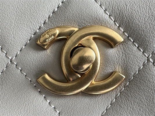 Cha.nel Shopping Bag Smooth Calfskin Gold Tone Metal Grey AS3508