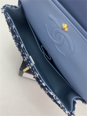 Cha.nel Medium Classic Flap Bag Tweed Gold Tone Metal Dk Blue A01112