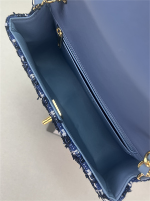 Cha.nel Mini Classic Flap Bag Tweed Gold Tone Metal Dk Blue A01116