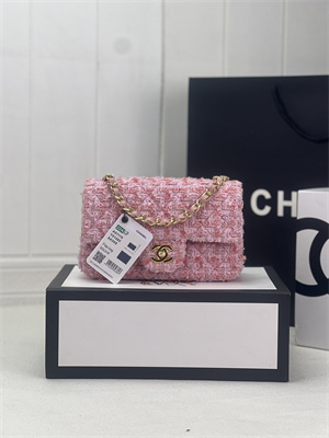 Cha.nel Mini Classic Flap Bag Tweed Gold Tone Metal Pink A01116
