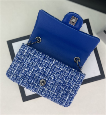 Cha.nel Mini Classic Flap Bag Tweed Silver Tone Metal Blue A01116