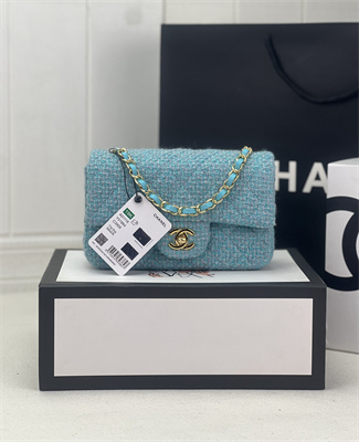 Cha.nel Mini Classic Flap Bag Tweed Gold Tone Metal Blue A01116