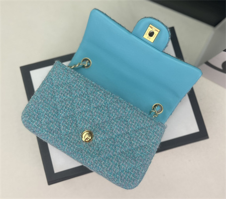 Cha.nel Mini Classic Flap Bag Tweed Gold Tone Metal Blue A01116