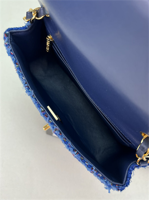 Cha.nel Mini Classic Flap Bag Tweed Gold Tone Metal Dk Blue A01116