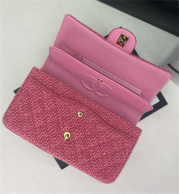 Cha.nel Medium Classic Flap Bag Tweed Gold Tone Metal Pink A01112