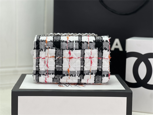 Cha.nel Mini Classic Flap Bag Tweed Silver Tone Metal A01116