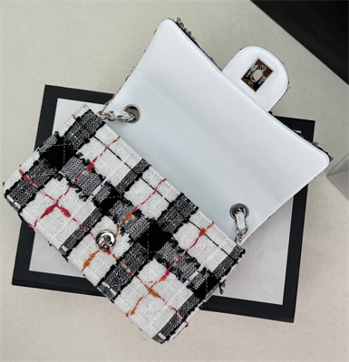 Cha.nel Mini Classic Flap Bag Tweed Silver Tone Metal A01116