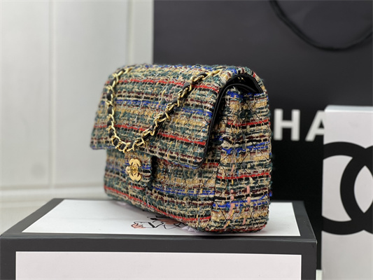 Cha.nel Medium Classic Flap Bag Tweed Gold Tone Metal Colorful A01112
