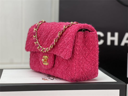 Cha.nel Mini Classic Flap Bag Tweed Gold Tone Metal Fuchsia A01116