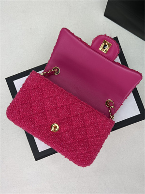 Cha.nel Mini Classic Flap Bag Tweed Gold Tone Metal Fuchsia A01116