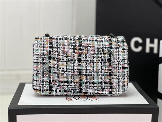 Cha.nel Mini Classic Flap Bag Tweed Colorful Black Tone Metal A01116