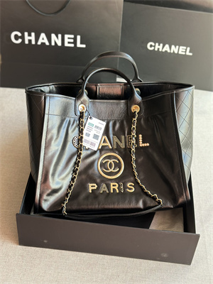 Cha.nel Deauville Large Shopping Bag Shiny Calfskin Gold Tone Metal Black A66941