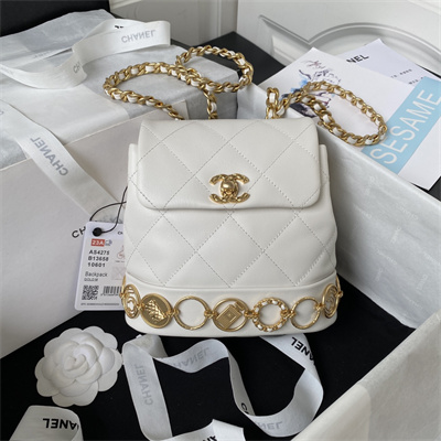 Cha.nel Backpack Lambskin Gold Tone Metal White AS4275