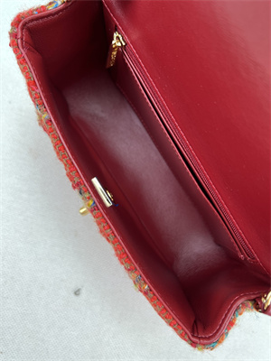 Cha.nel Mini Classic Flap Bag Tweed Gold Tone Metal Red A01116