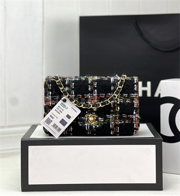 Cha.nel Mini Classic Flap Bag Tweed Gold Tone Metal Black A01116