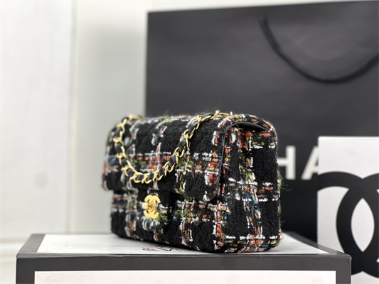 Cha.nel Mini Classic Flap Bag Tweed Gold Tone Metal Black A01116