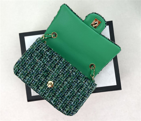 Cha.nel Mini Classic Flap Bag Tweed Gold Tone Metal Green A01116
