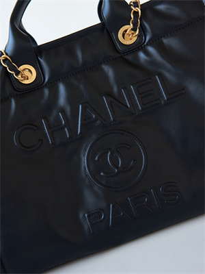 Cha.nel Deauville Large Shopping Bag Goatskin Gold Tone Metal Black A66941