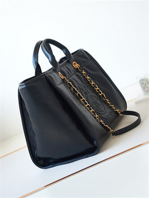 Cha.nel Deauville Large Shopping Bag Goatskin Gold Tone Metal Black A66941