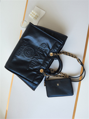 Cha.nel Deauville Large Shopping Bag Goatskin Gold Tone Metal Black A66941