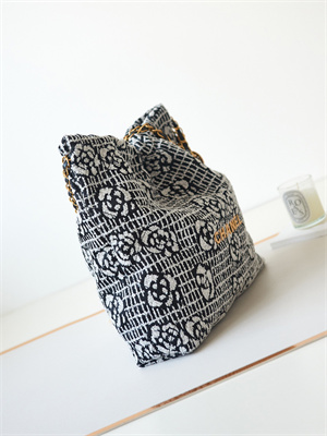 Cha.nel 22 Medium Handbag Tweed Gold Tone Metal Black/White AS3261