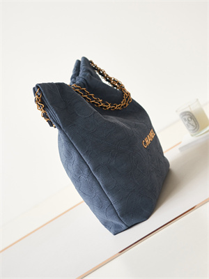 Cha.nel 22 Medium Handbag Velvet Gold Tone Metal Blue AS3261