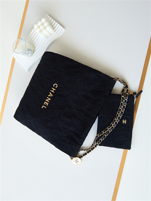 Cha.nel 22 Small Handbag Velvet Gold Tone Metal Black AS3260