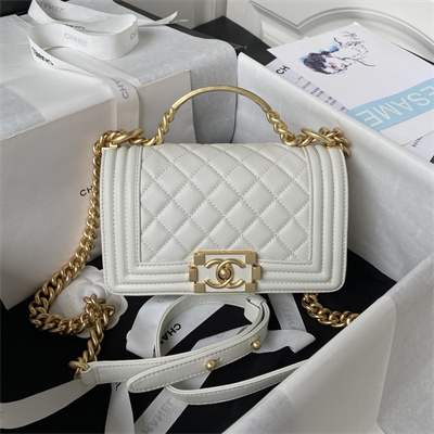 Cha.nel Small Leboy Bag With Top Handle Grained Calfskin Gold Metal White A94805