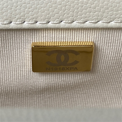 Cha.nel Small Leboy Bag With Top Handle Grained Calfskin Gold Metal White A94805