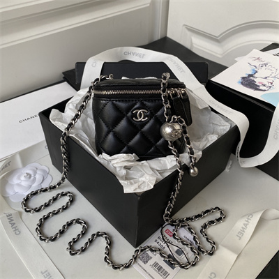 Cha.nel Vanity Case With Ball Lambskin Silver Tone Metal Black AP1447