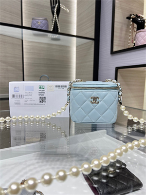 Cha.nel Vanity Case With Chain Lambskin Gold Tone Metal Blue AP2581