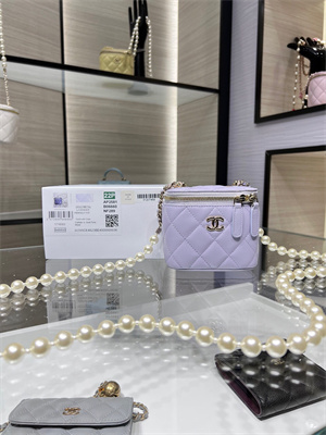 Cha.nel Vanity Case With Chain Lambskin Gold Tone Metal Lilac AP2581