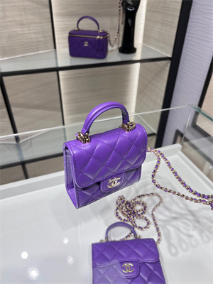 Cha.nel Vanity Case With Top Handle Lambskin Gold Tone Metal Purple AP2682