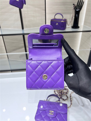 Cha.nel Vanity Case With Top Handle Lambskin Gold Tone Metal Purple AP2682