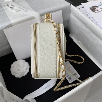 Cha.nel Vanity Case With Top Handle Grained Calfskin Gold Tone Metal White AP3222