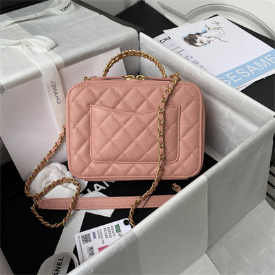 Cha.nel Vanity Case With Top Handle Grained Calfskin Gold Tone Metal Pink AP3222