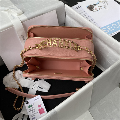 Cha.nel Vanity Case With Top Handle Grained Calfskin Gold Tone Metal Pink AP3222