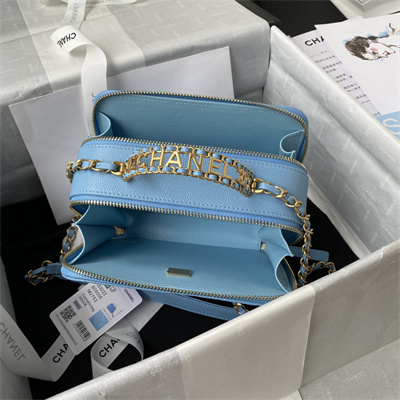 Cha.nel Vanity Case With Top Handle Grained Calfskin Gold Tone Metal Blue AP3222