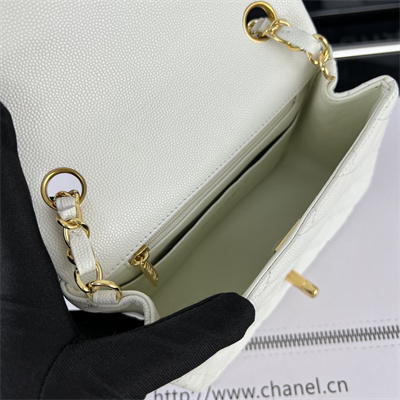 Cha.nel Super Mini Classic Flap Bag Grained Calfskin Gold Tone Metal White 01115