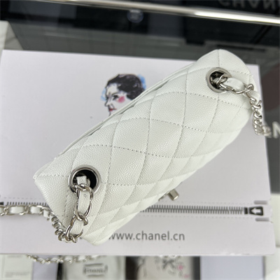 Cha.nel Super Mini Classic Flap Bag Grained Calfskin Silver Tone Metal White 01115