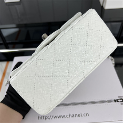 Cha.nel Super Mini Classic Flap Bag Grained Calfskin Silver Tone Metal White 01115