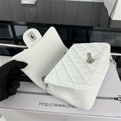Cha.nel Super Mini Classic Flap Bag Grained Calfskin Silver Tone Metal White 01115