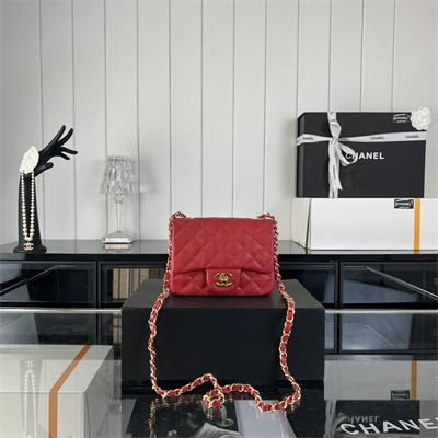 Cha.nel Super Mini Classic Flap Bag Grained Calfskin Gold Tone Metal Red 01115
