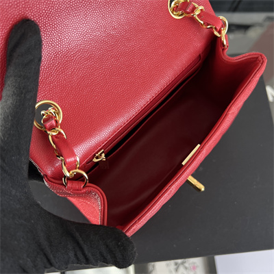 Cha.nel Super Mini Classic Flap Bag Grained Calfskin Gold Tone Metal Red 01115