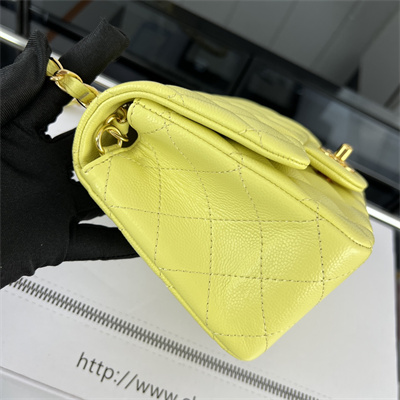Cha.nel Super Mini Classic Flap Bag Grained Calfskin Gold Tone Metal Yellow 01115